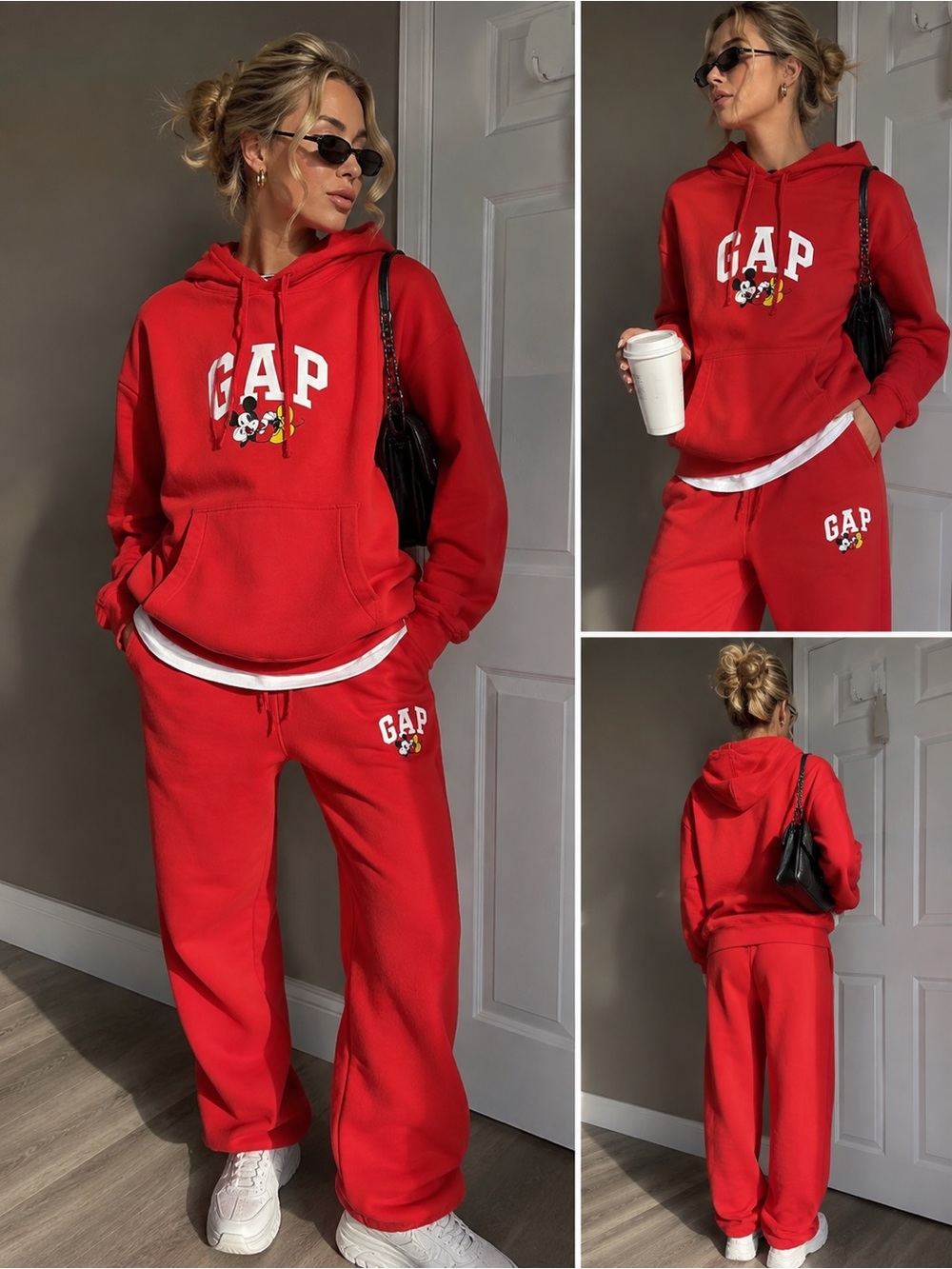 GAP x Disney Red Crewneck Hoodie and Sweatpants with Mickey Graphic